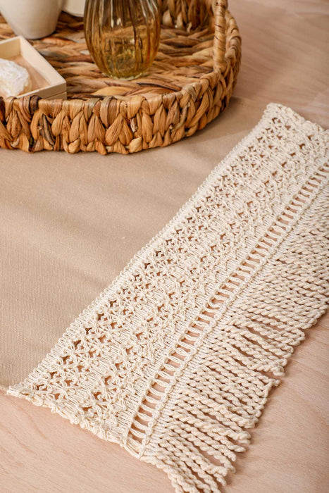 Linen Textured Fabric Table Runner with Lace Embroidery and Tassels 30x90 cm Machine Washable Handicraft Table Cloth for Home,R-29K