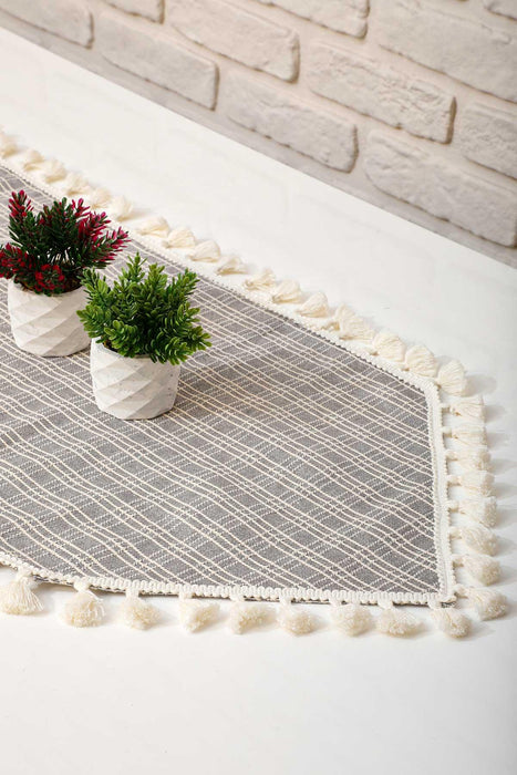 Linen Textured Table Runner with Handmade 40x140 cm Embroidery and Tassels Fringed Handicraft Table Cloth for Home Decoration,R-34B