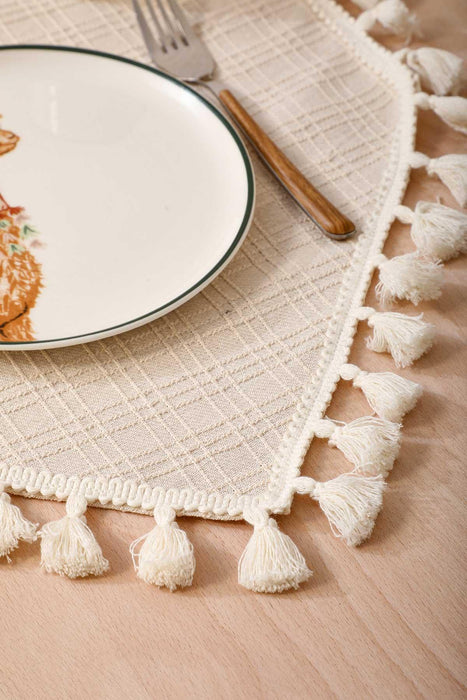 Linen Textured 120x40 cm Table Runner with Handmade Embroidery and Tassels Machine Washable Fringed Handicraft Table Cloth,R-34O