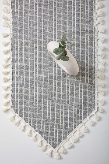 Linen Textured 90x30 cm Table Runner with Handmade Embroidery and Tassels Machine Washable Fringed Handicraft Table Cloth,R-34K