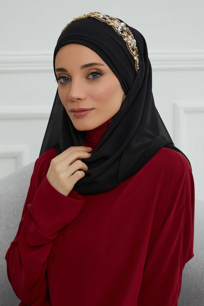 Luxuriöser Abend-Hijab mit eleganten Accessoires, Chiffon-Hochzeits-Hijab für besondere Anlässe mit goldenen oder silbernen Accessoire-Optionen, CPS-100