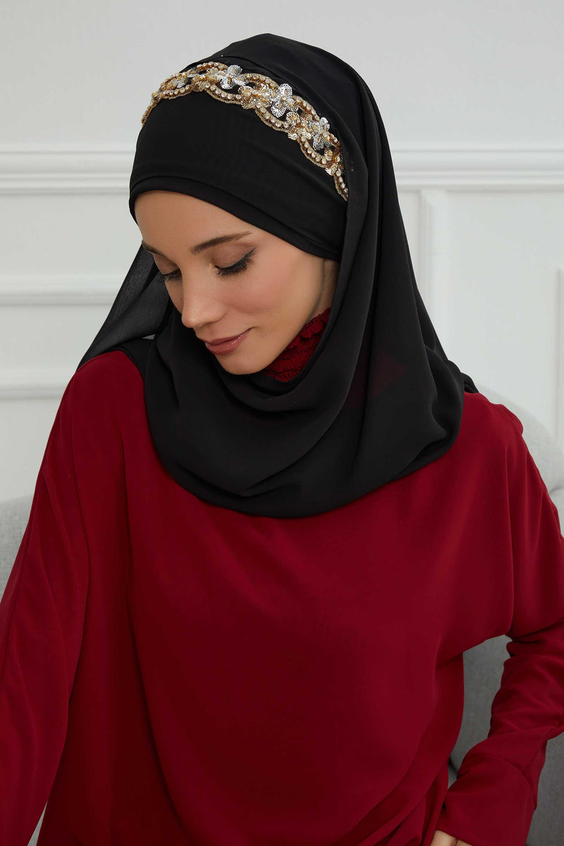 Luxuriöser Abend-Hijab mit eleganten Accessoires, Chiffon-Hochzeits-Hijab für besondere Anlässe mit goldenen oder silbernen Accessoire-Optionen, CPS-100