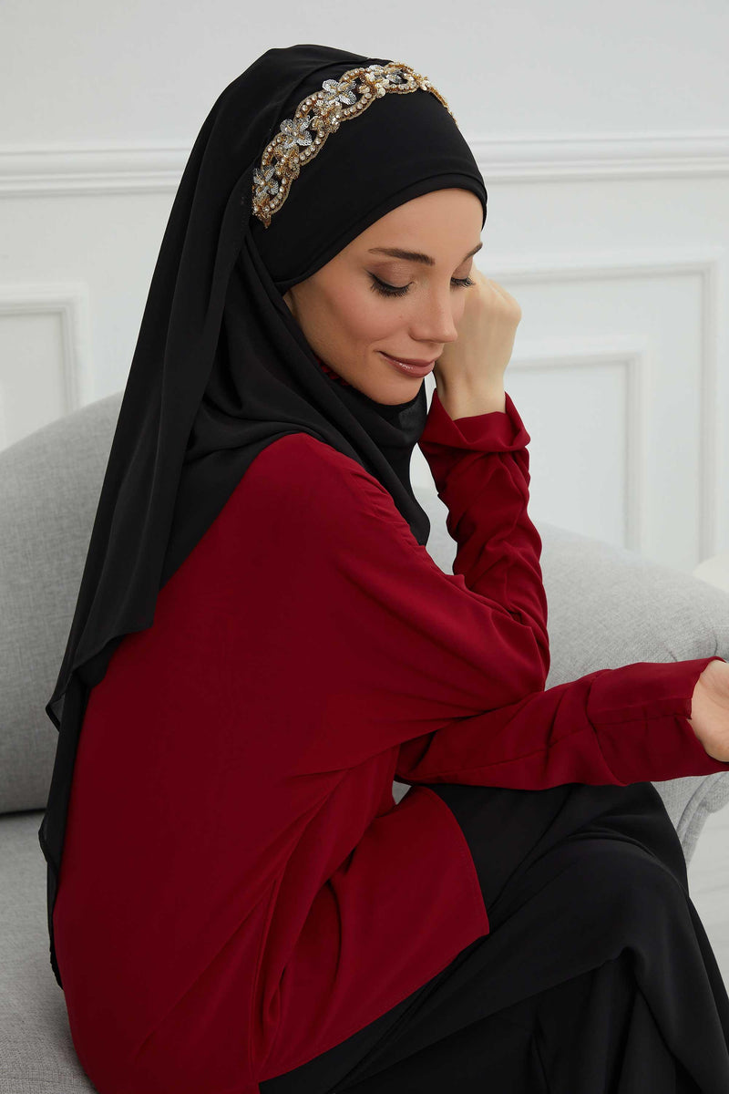 Luxuriöser Abend-Hijab mit eleganten Accessoires, Chiffon-Hochzeits-Hijab für besondere Anlässe mit goldenen oder silbernen Accessoire-Optionen, CPS-100