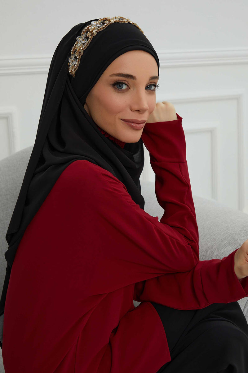 Luxuriöser Abend-Hijab mit eleganten Accessoires, Chiffon-Hochzeits-Hijab für besondere Anlässe mit goldenen oder silbernen Accessoire-Optionen, CPS-100