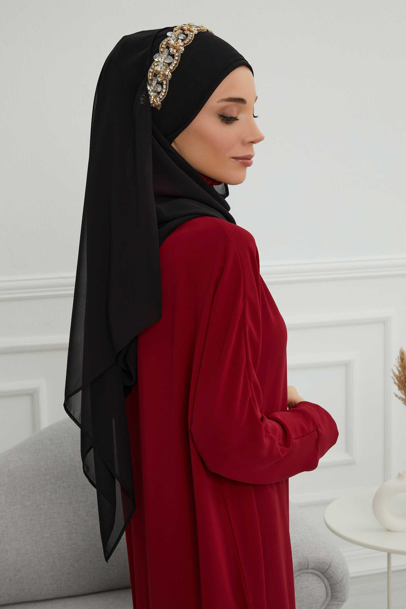 Luxuriöser Abend-Hijab mit eleganten Accessoires, Chiffon-Hochzeits-Hijab für besondere Anlässe mit goldenen oder silbernen Accessoire-Optionen, CPS-100