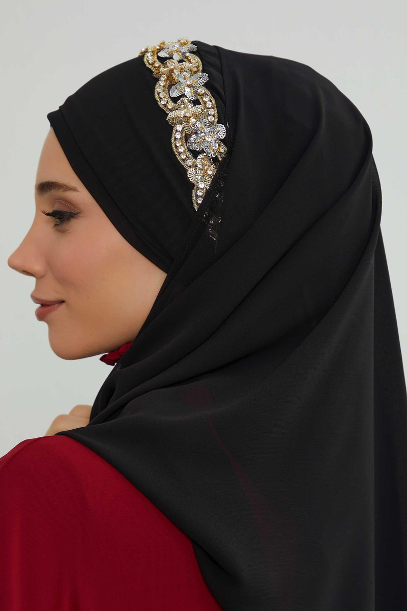 Luxuriöser Abend-Hijab mit eleganten Accessoires, Chiffon-Hochzeits-Hijab für besondere Anlässe mit goldenen oder silbernen Accessoire-Optionen, CPS-100