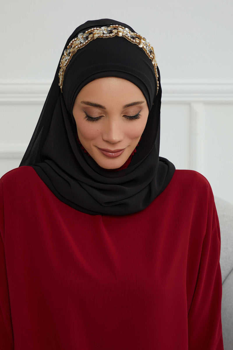 Luxuriöser Abend-Hijab mit eleganten Accessoires, Chiffon-Hochzeits-Hijab für besondere Anlässe mit goldenen oder silbernen Accessoire-Optionen, CPS-100