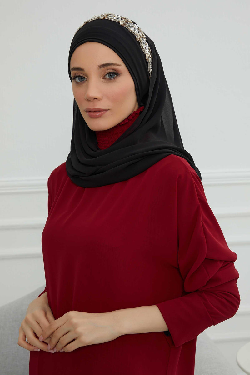 Luxuriöser Abend-Hijab mit eleganten Accessoires, Chiffon-Hochzeits-Hijab für besondere Anlässe mit goldenen oder silbernen Accessoire-Optionen, CPS-100