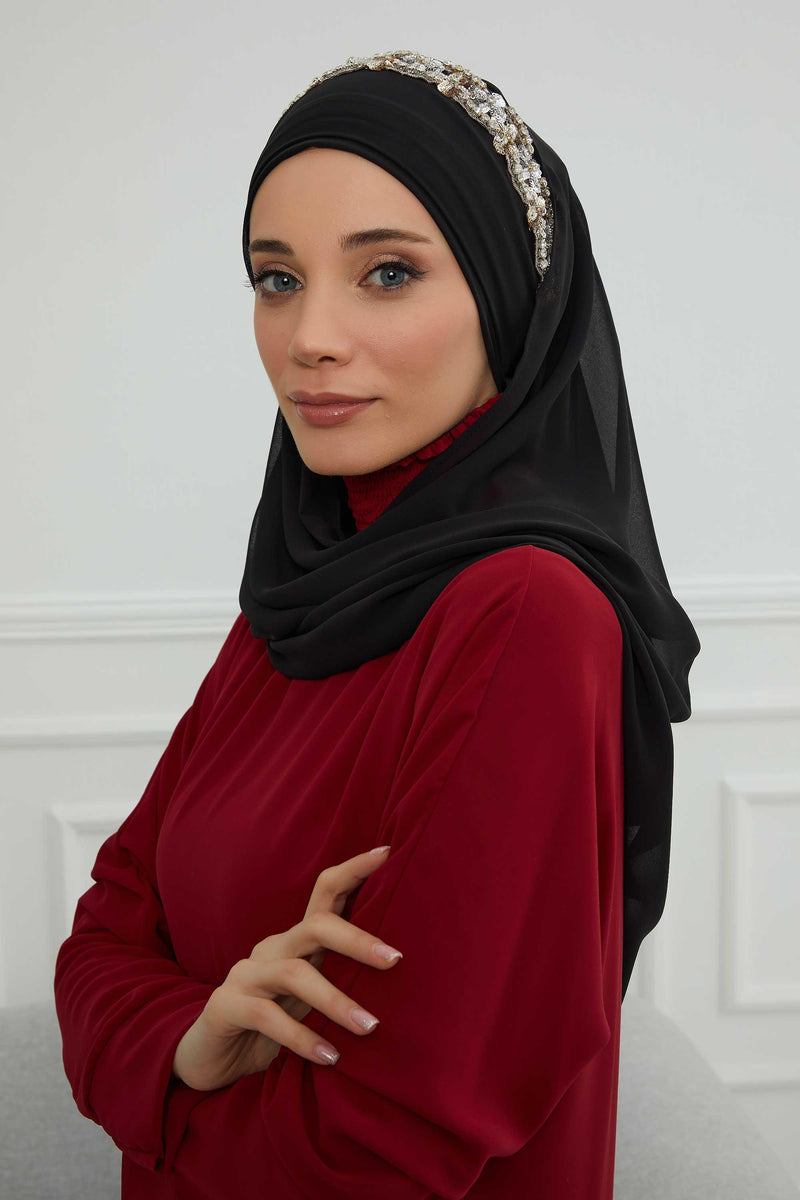 Luxuriöser Abend-Hijab mit eleganten Accessoires, Chiffon-Hochzeits-Hijab für besondere Anlässe mit goldenen oder silbernen Accessoire-Optionen, CPS-100