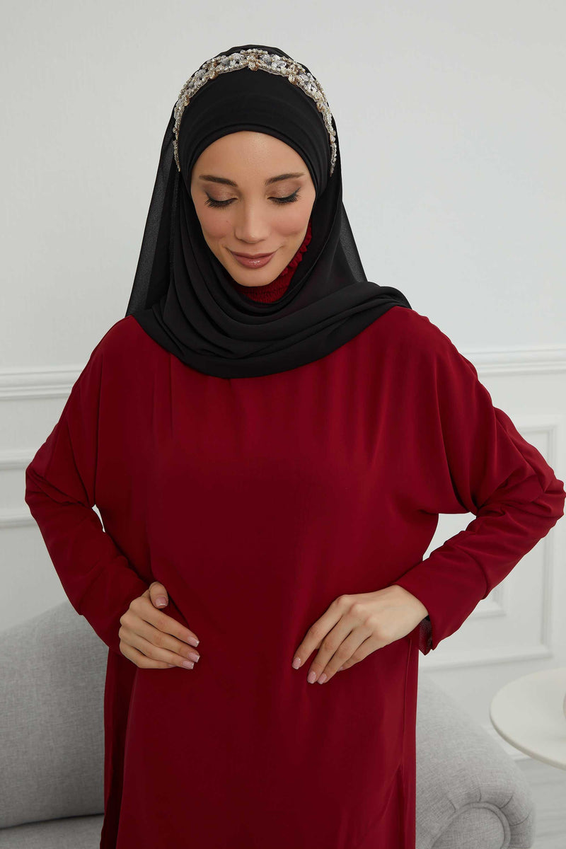 Luxuriöser Abend-Hijab mit eleganten Accessoires, Chiffon-Hochzeits-Hijab für besondere Anlässe mit goldenen oder silbernen Accessoire-Optionen, CPS-100