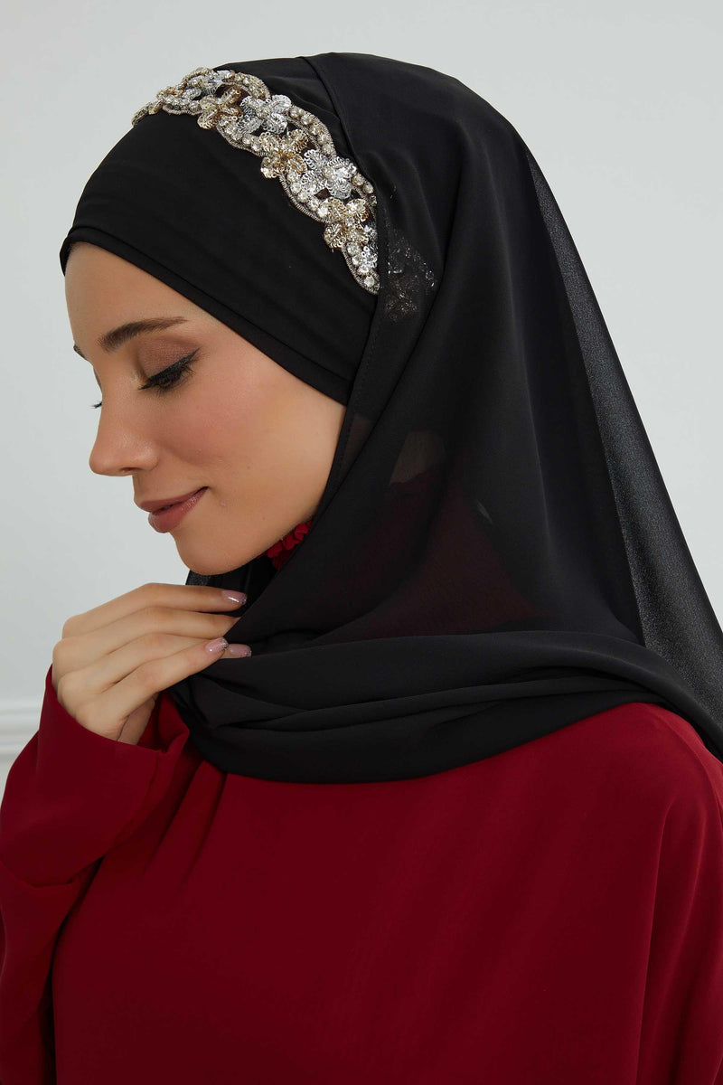 Luxuriöser Abend-Hijab mit eleganten Accessoires, Chiffon-Hochzeits-Hijab für besondere Anlässe mit goldenen oder silbernen Accessoire-Optionen, CPS-100
