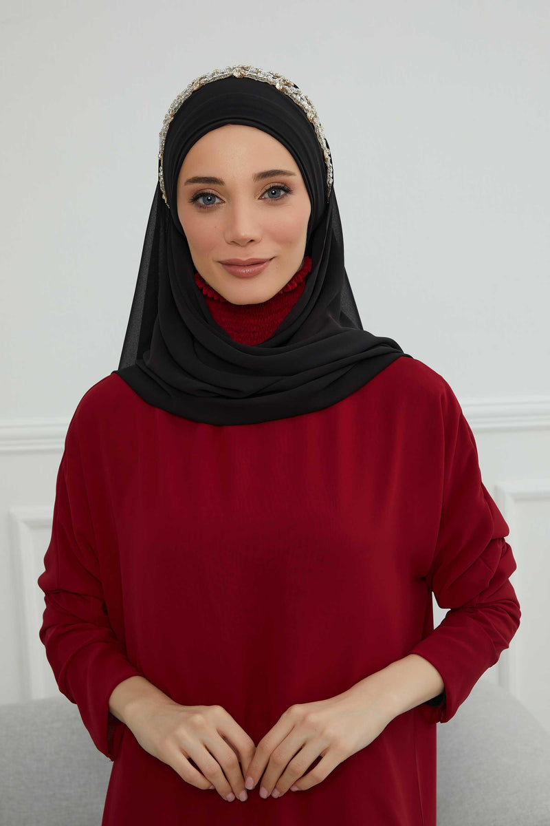 Luxuriöser Abend-Hijab mit eleganten Accessoires, Chiffon-Hochzeits-Hijab für besondere Anlässe mit goldenen oder silbernen Accessoire-Optionen, CPS-100
