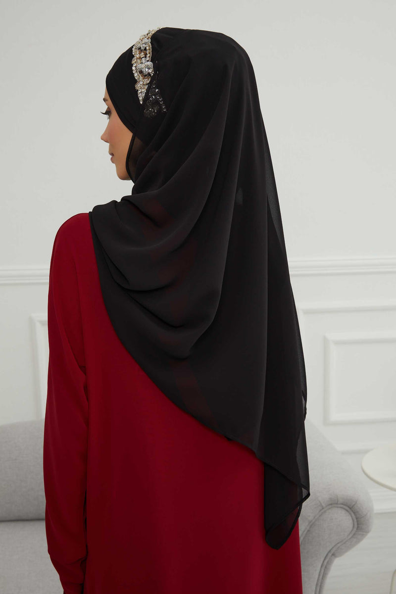 Luxuriöser Abend-Hijab mit eleganten Accessoires, Chiffon-Hochzeits-Hijab für besondere Anlässe mit goldenen oder silbernen Accessoire-Optionen, CPS-100