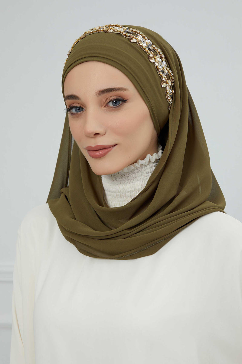 Luxuriöser Abend-Hijab mit eleganten Accessoires, Chiffon-Hochzeits-Hijab für besondere Anlässe mit goldenen oder silbernen Accessoire-Optionen, CPS-100
