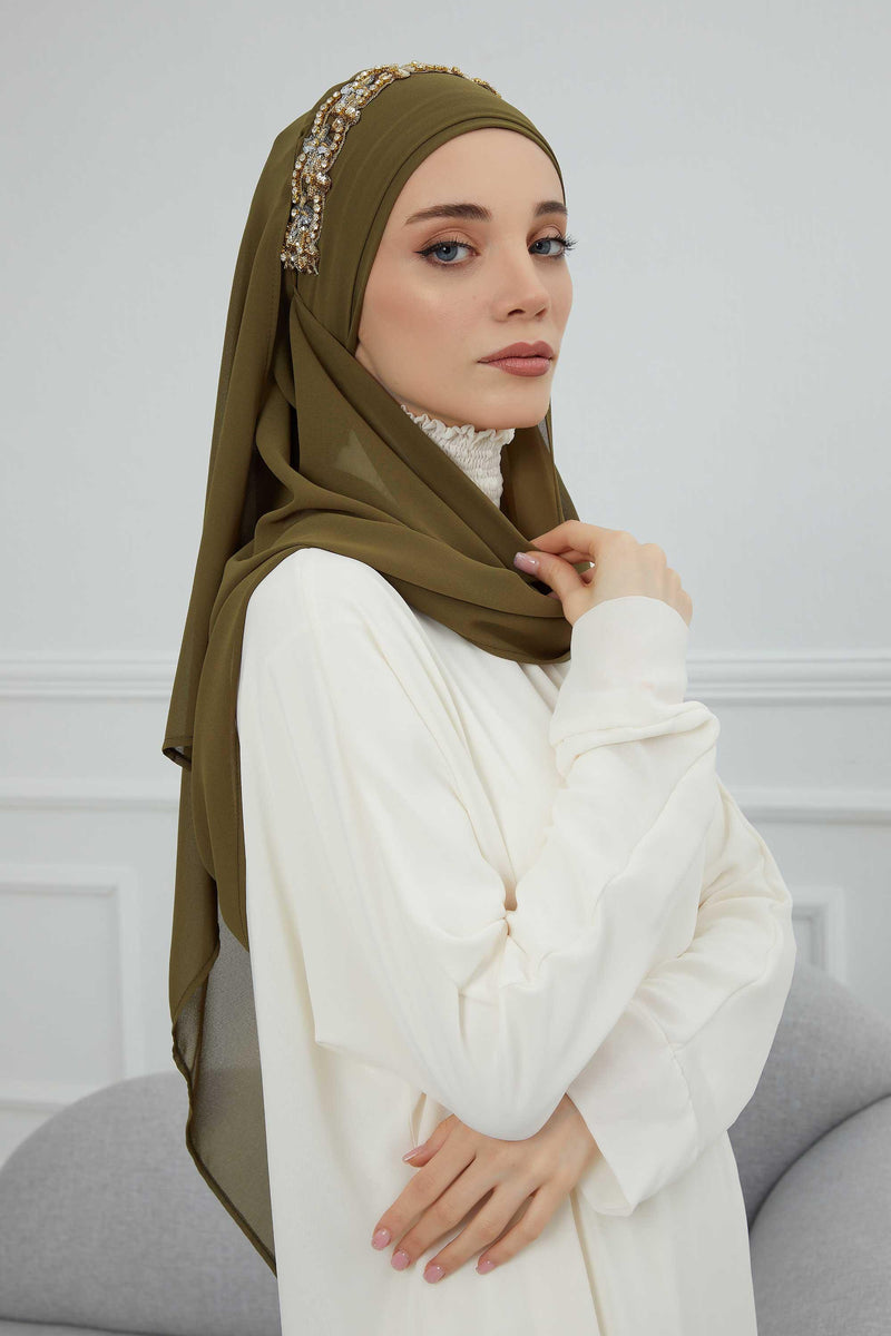Luxuriöser Abend-Hijab mit eleganten Accessoires, Chiffon-Hochzeits-Hijab für besondere Anlässe mit goldenen oder silbernen Accessoire-Optionen, CPS-100