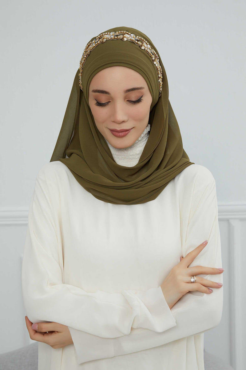 Luxuriöser Abend-Hijab mit eleganten Accessoires, Chiffon-Hochzeits-Hijab für besondere Anlässe mit goldenen oder silbernen Accessoire-Optionen, CPS-100