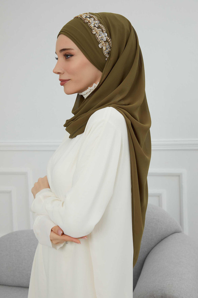 Luxuriöser Abend-Hijab mit eleganten Accessoires, Chiffon-Hochzeits-Hijab für besondere Anlässe mit goldenen oder silbernen Accessoire-Optionen, CPS-100