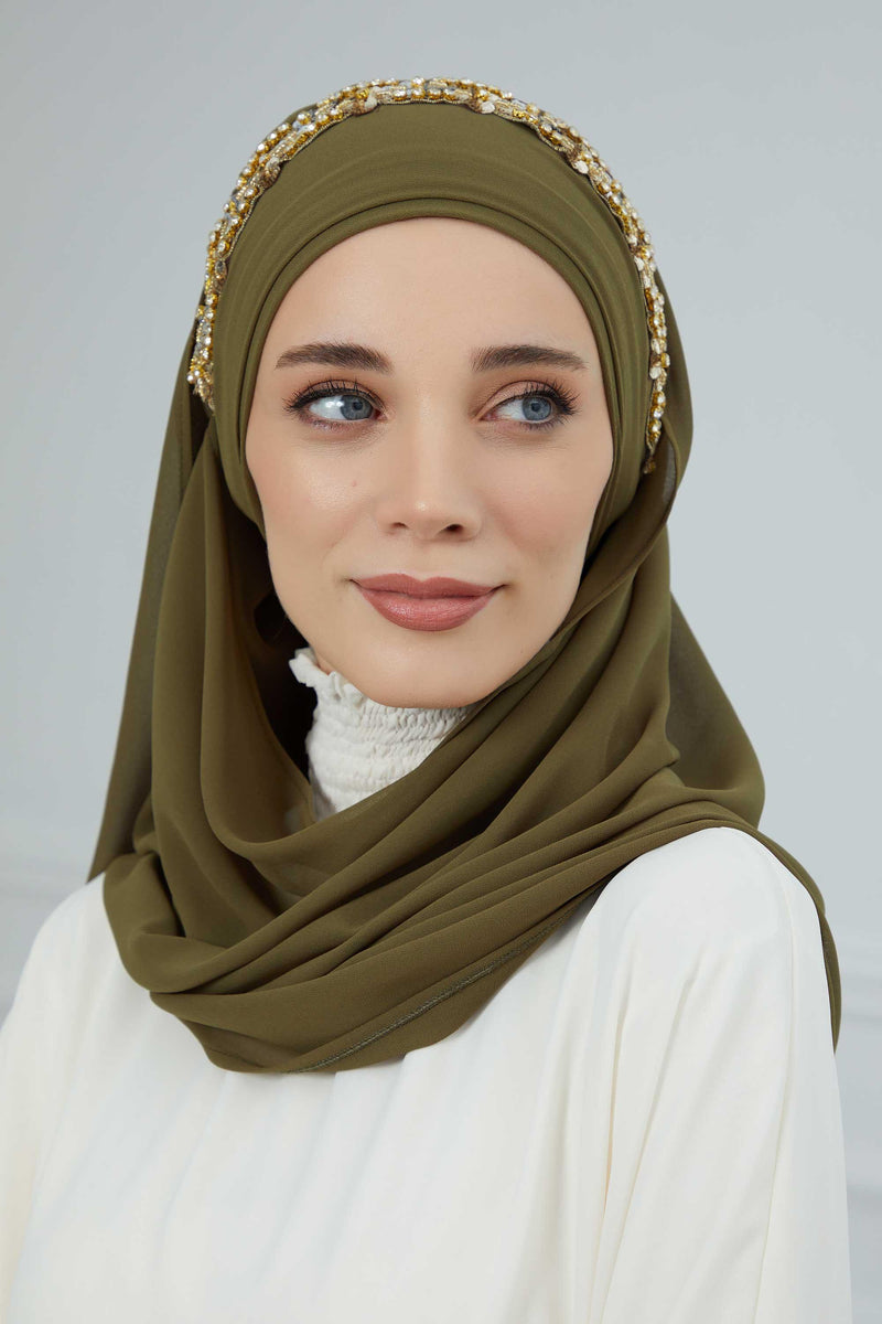 Luxuriöser Abend-Hijab mit eleganten Accessoires, Chiffon-Hochzeits-Hijab für besondere Anlässe mit goldenen oder silbernen Accessoire-Optionen, CPS-100