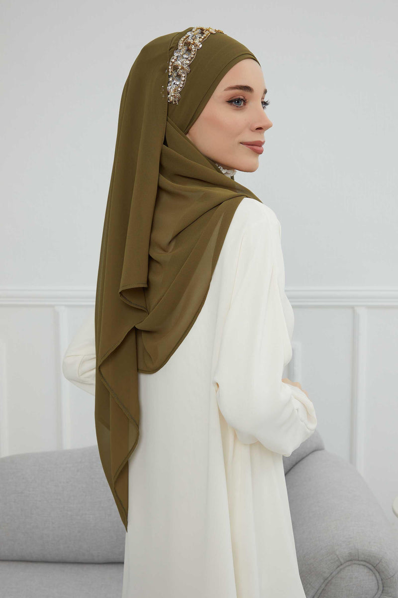 Luxuriöser Abend-Hijab mit eleganten Accessoires, Chiffon-Hochzeits-Hijab für besondere Anlässe mit goldenen oder silbernen Accessoire-Optionen, CPS-100