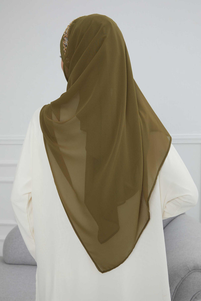 Luxuriöser Abend-Hijab mit eleganten Accessoires, Chiffon-Hochzeits-Hijab für besondere Anlässe mit goldenen oder silbernen Accessoire-Optionen, CPS-100
