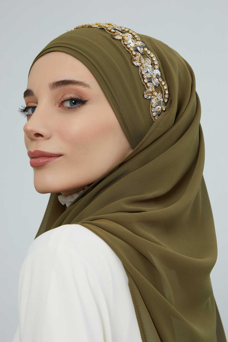 Luxuriöser Abend-Hijab mit eleganten Accessoires, Chiffon-Hochzeits-Hijab für besondere Anlässe mit goldenen oder silbernen Accessoire-Optionen, CPS-100