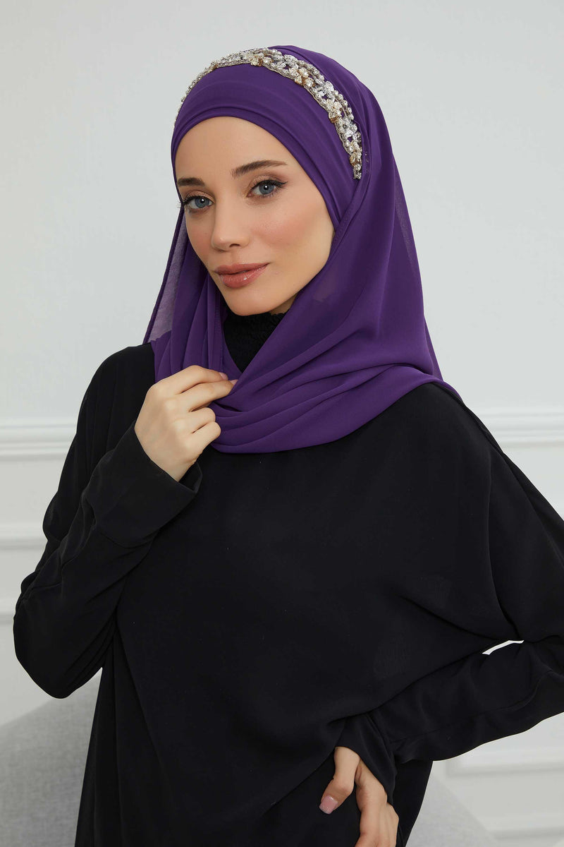 Luxuriöser Abend-Hijab mit eleganten Accessoires, Chiffon-Hochzeits-Hijab für besondere Anlässe mit goldenen oder silbernen Accessoire-Optionen, CPS-100