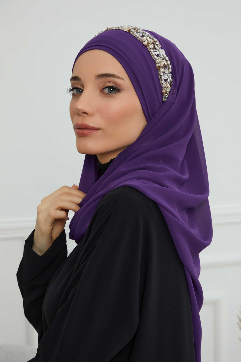 Luxuriöser Abend-Hijab mit eleganten Accessoires, Chiffon-Hochzeits-Hijab für besondere Anlässe mit goldenen oder silbernen Accessoire-Optionen, CPS-100
