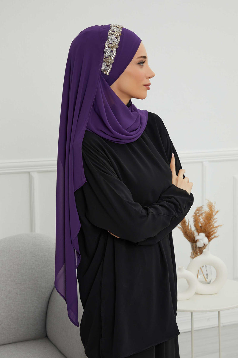 Luxuriöser Abend-Hijab mit eleganten Accessoires, Chiffon-Hochzeits-Hijab für besondere Anlässe mit goldenen oder silbernen Accessoire-Optionen, CPS-100