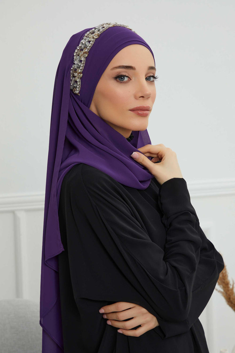 Luxuriöser Abend-Hijab mit eleganten Accessoires, Chiffon-Hochzeits-Hijab für besondere Anlässe mit goldenen oder silbernen Accessoire-Optionen, CPS-100