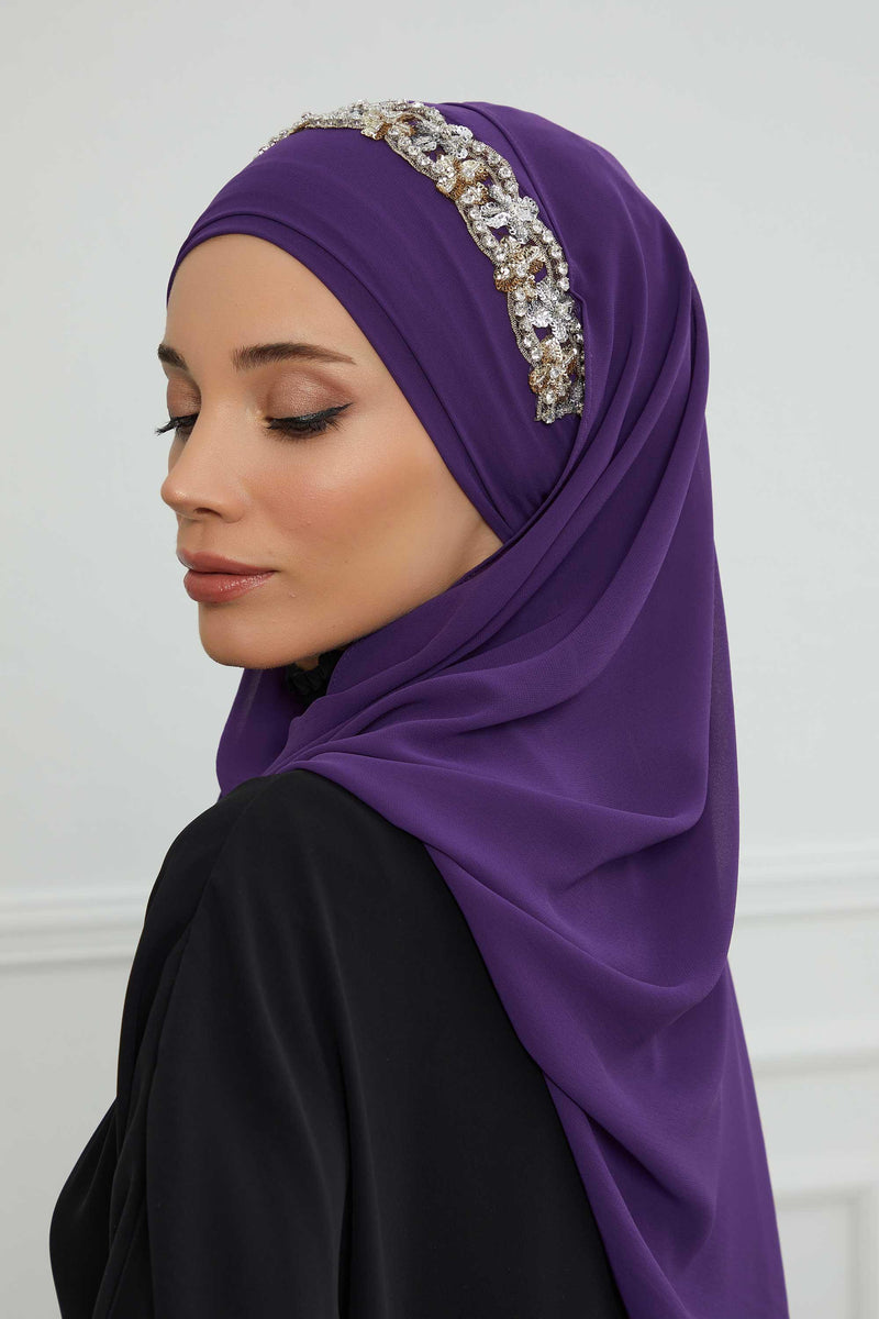 Luxuriöser Abend-Hijab mit eleganten Accessoires, Chiffon-Hochzeits-Hijab für besondere Anlässe mit goldenen oder silbernen Accessoire-Optionen, CPS-100