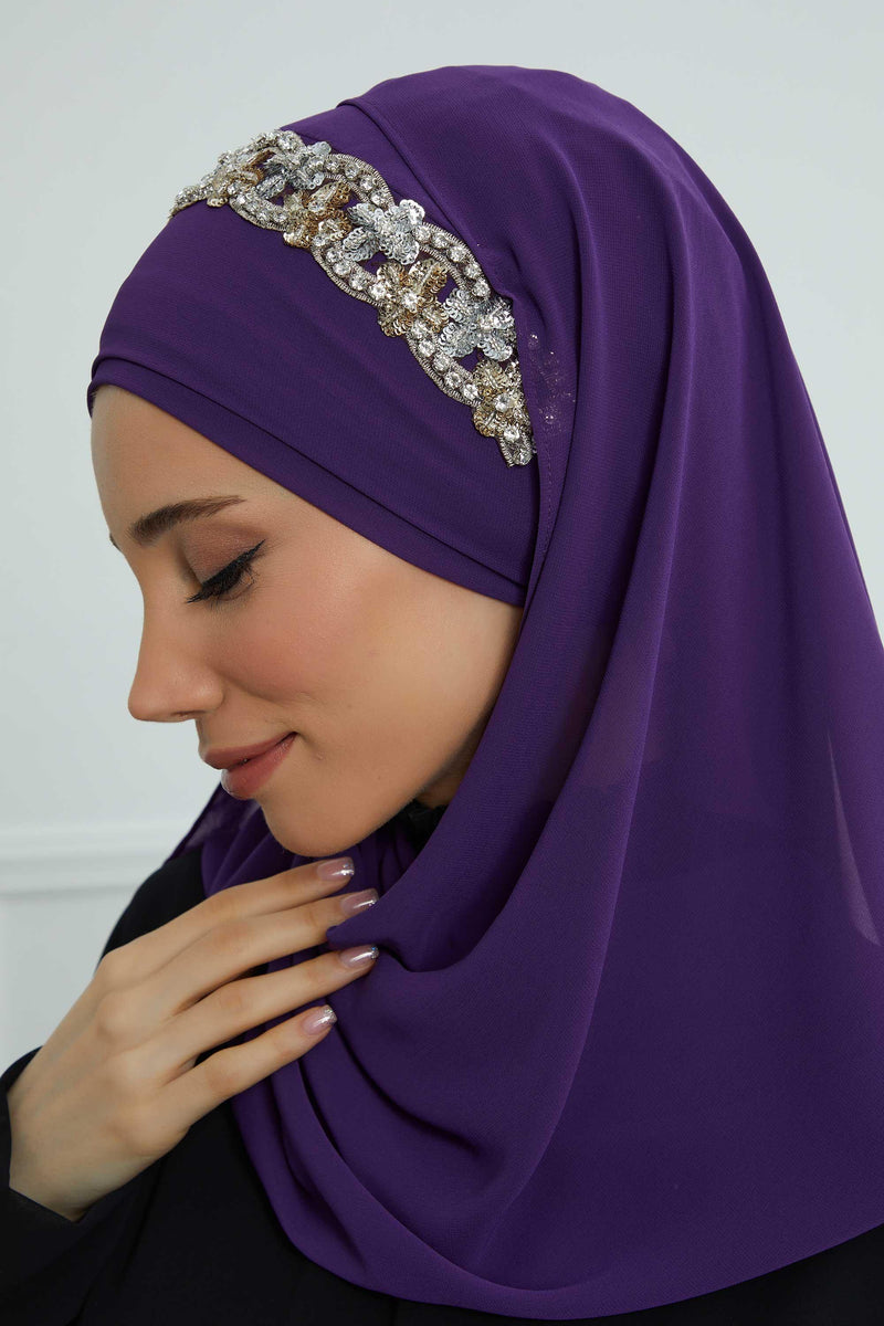 Luxuriöser Abend-Hijab mit eleganten Accessoires, Chiffon-Hochzeits-Hijab für besondere Anlässe mit goldenen oder silbernen Accessoire-Optionen, CPS-100