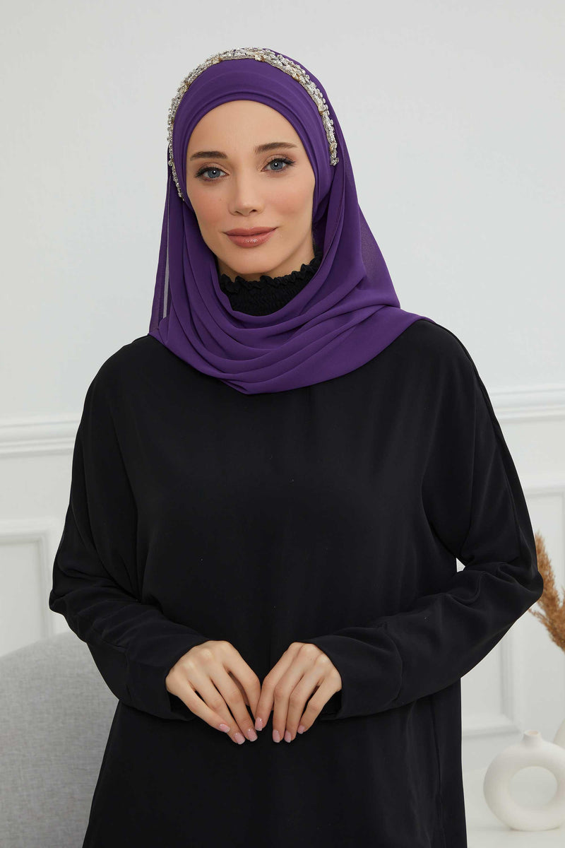 Luxuriöser Abend-Hijab mit eleganten Accessoires, Chiffon-Hochzeits-Hijab für besondere Anlässe mit goldenen oder silbernen Accessoire-Optionen, CPS-100