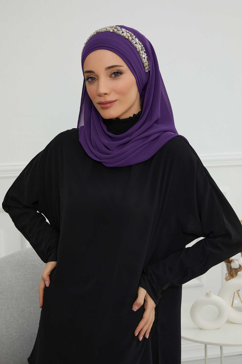 Luxuriöser Abend-Hijab mit eleganten Accessoires, Chiffon-Hochzeits-Hijab für besondere Anlässe mit goldenen oder silbernen Accessoire-Optionen, CPS-100