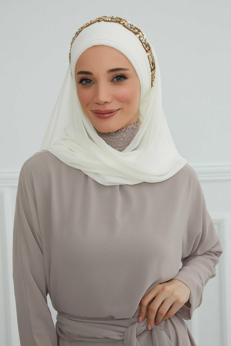 Luxuriöser Abend-Hijab mit eleganten Accessoires, Chiffon-Hochzeits-Hijab für besondere Anlässe mit goldenen oder silbernen Accessoire-Optionen, CPS-100