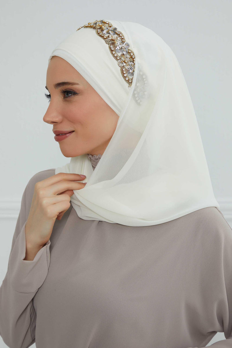Luxuriöser Abend-Hijab mit eleganten Accessoires, Chiffon-Hochzeits-Hijab für besondere Anlässe mit goldenen oder silbernen Accessoire-Optionen, CPS-100