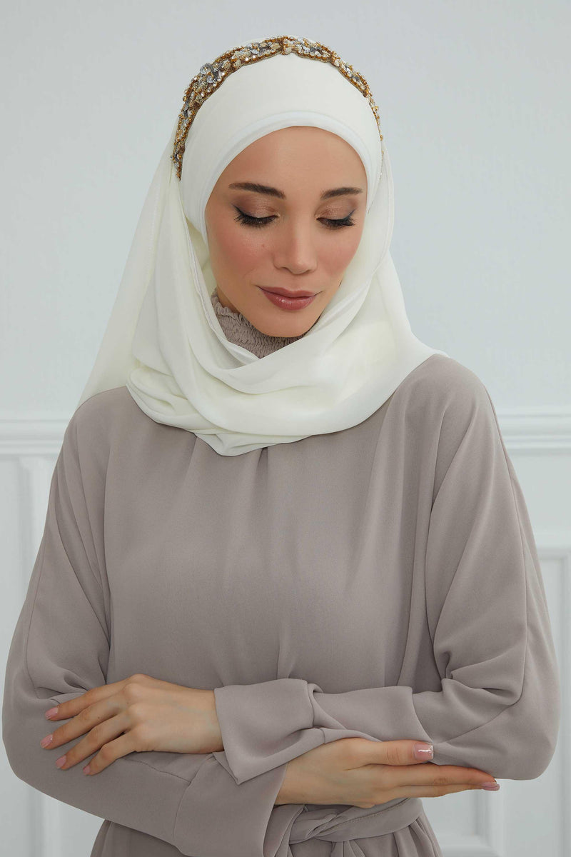 Luxuriöser Abend-Hijab mit eleganten Accessoires, Chiffon-Hochzeits-Hijab für besondere Anlässe mit goldenen oder silbernen Accessoire-Optionen, CPS-100