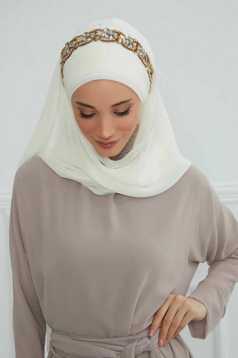 Luxuriöser Abend-Hijab mit eleganten Accessoires, Chiffon-Hochzeits-Hijab für besondere Anlässe mit goldenen oder silbernen Accessoire-Optionen, CPS-100