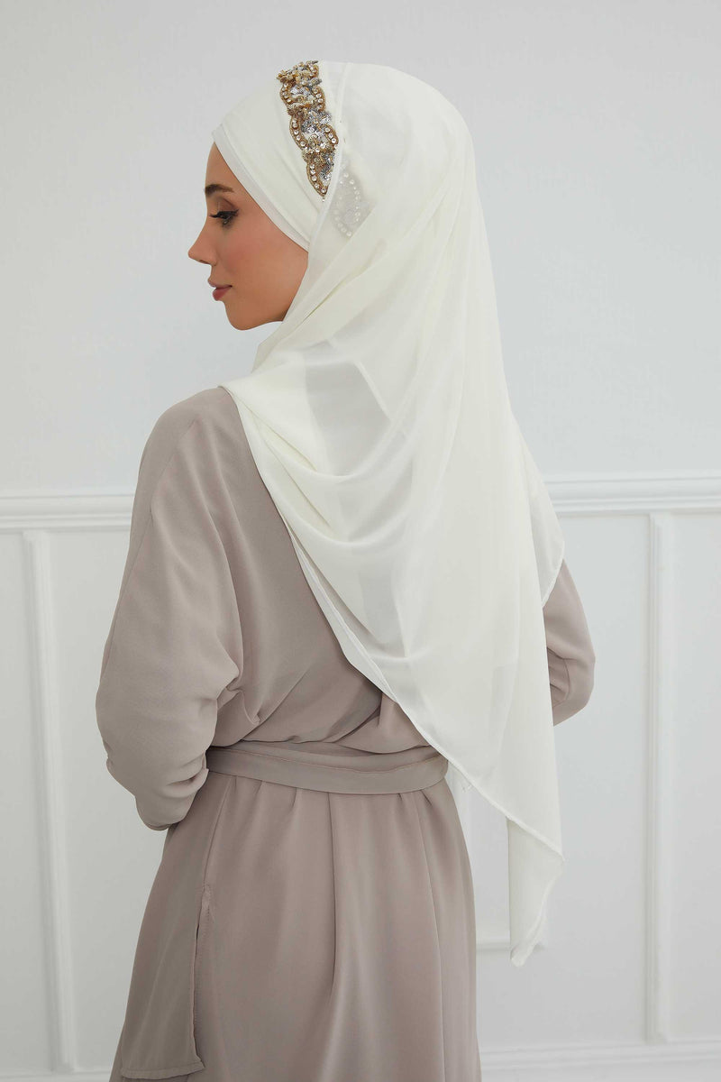 Luxuriöser Abend-Hijab mit eleganten Accessoires, Chiffon-Hochzeits-Hijab für besondere Anlässe mit goldenen oder silbernen Accessoire-Optionen, CPS-100