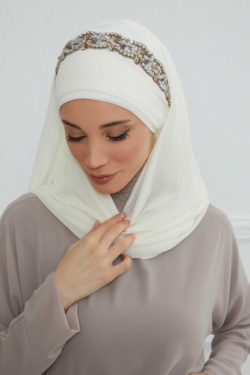Luxuriöser Abend-Hijab mit eleganten Accessoires, Chiffon-Hochzeits-Hijab für besondere Anlässe mit goldenen oder silbernen Accessoire-Optionen, CPS-100