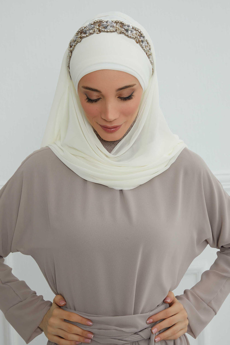 Luxuriöser Abend-Hijab mit eleganten Accessoires, Chiffon-Hochzeits-Hijab für besondere Anlässe mit goldenen oder silbernen Accessoire-Optionen, CPS-100
