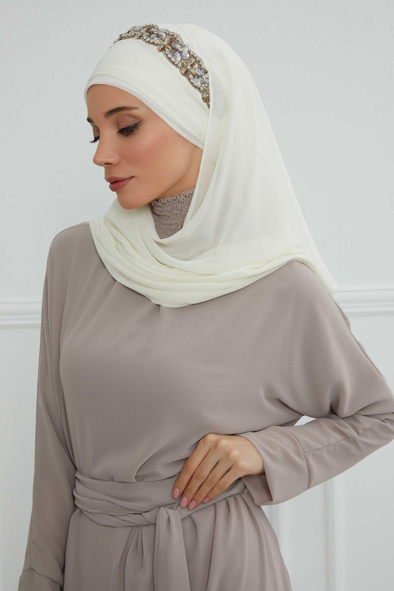 Luxuriöser Abend-Hijab mit eleganten Accessoires, Chiffon-Hochzeits-Hijab für besondere Anlässe mit goldenen oder silbernen Accessoire-Optionen, CPS-100