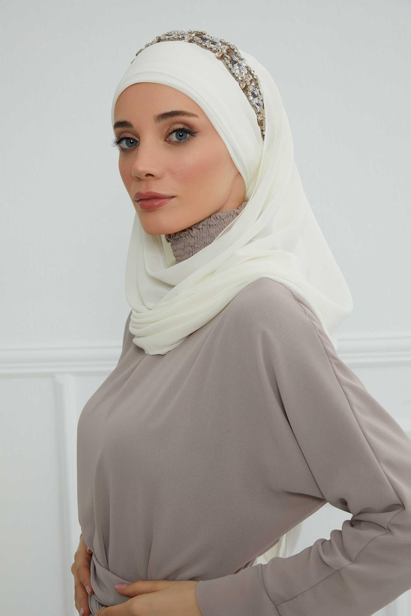 Luxuriöser Abend-Hijab mit eleganten Accessoires, Chiffon-Hochzeits-Hijab für besondere Anlässe mit goldenen oder silbernen Accessoire-Optionen, CPS-100