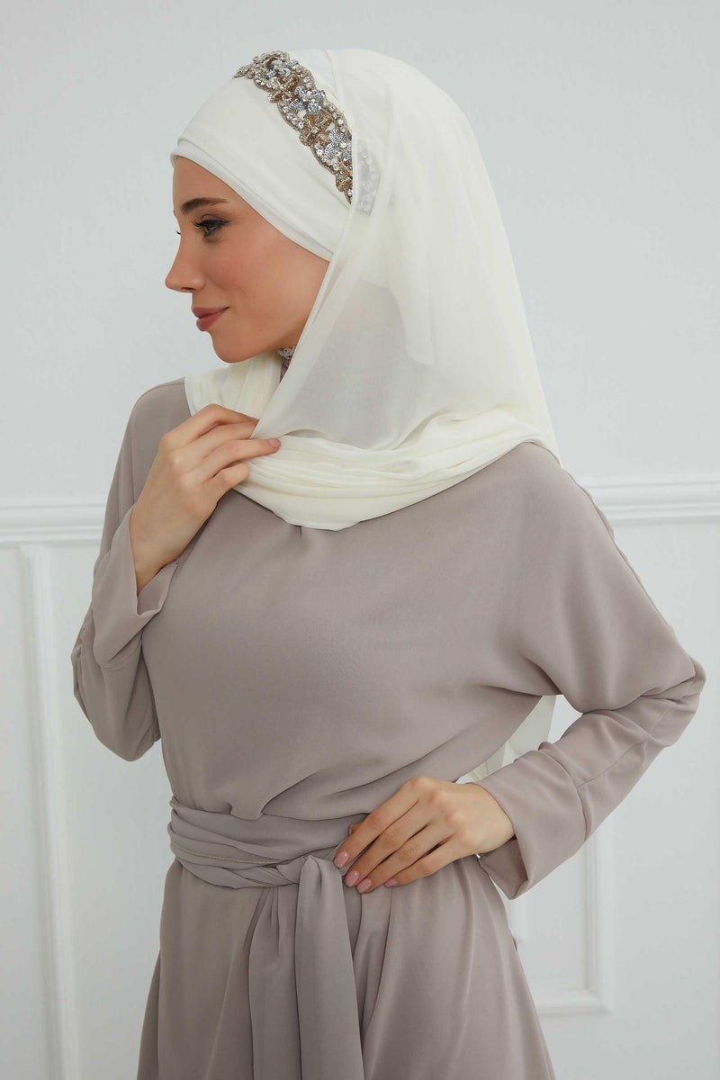 Luxuriöser Abend-Hijab mit eleganten Accessoires, Chiffon-Hochzeits-Hijab für besondere Anlässe mit goldenen oder silbernen Accessoire-Optionen, CPS-100