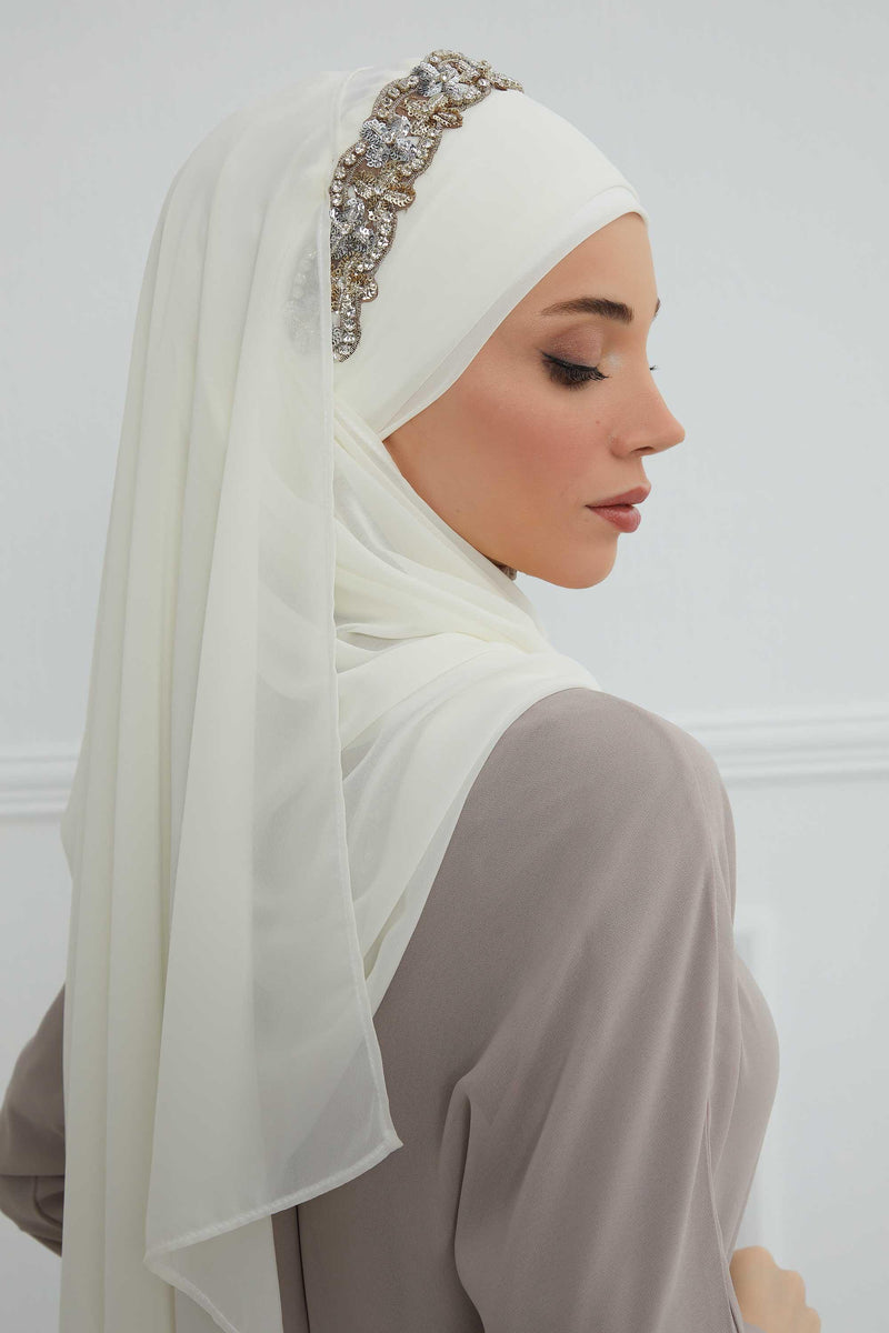 Luxuriöser Abend-Hijab mit eleganten Accessoires, Chiffon-Hochzeits-Hijab für besondere Anlässe mit goldenen oder silbernen Accessoire-Optionen, CPS-100