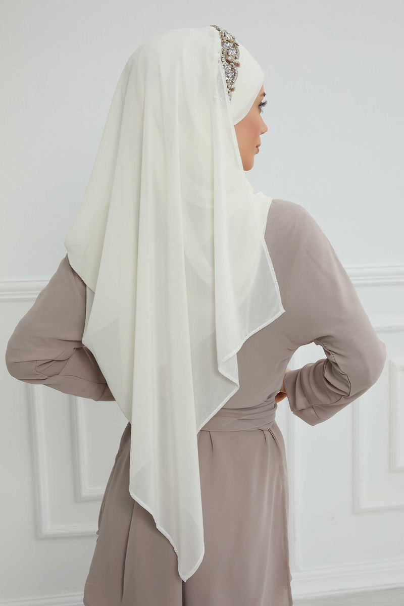 Luxuriöser Abend-Hijab mit eleganten Accessoires, Chiffon-Hochzeits-Hijab für besondere Anlässe mit goldenen oder silbernen Accessoire-Optionen, CPS-100