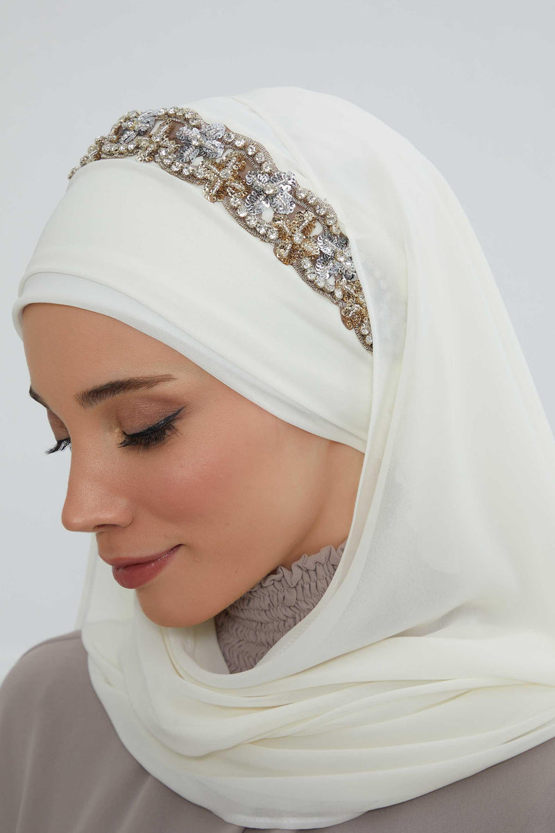 Luxuriöser Abend-Hijab mit eleganten Accessoires, Chiffon-Hochzeits-Hijab für besondere Anlässe mit goldenen oder silbernen Accessoire-Optionen, CPS-100