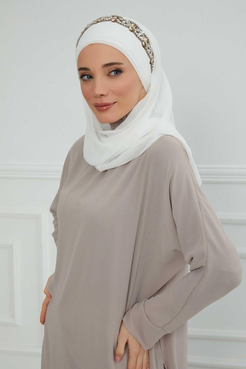 Luxuriöser Abend-Hijab mit eleganten Accessoires, Chiffon-Hochzeits-Hijab für besondere Anlässe mit goldenen oder silbernen Accessoire-Optionen, CPS-100