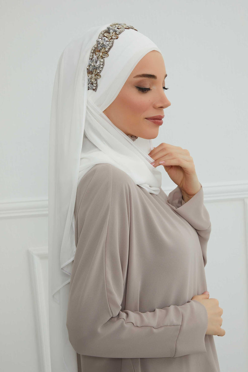 Luxuriöser Abend-Hijab mit eleganten Accessoires, Chiffon-Hochzeits-Hijab für besondere Anlässe mit goldenen oder silbernen Accessoire-Optionen, CPS-100