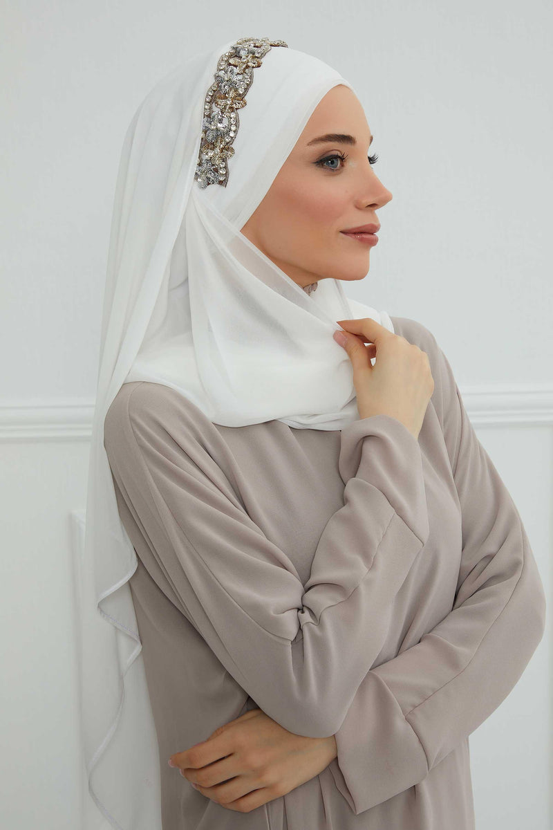 Luxuriöser Abend-Hijab mit eleganten Accessoires, Chiffon-Hochzeits-Hijab für besondere Anlässe mit goldenen oder silbernen Accessoire-Optionen, CPS-100
