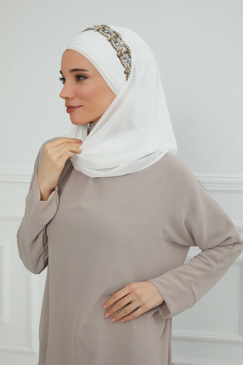 Luxuriöser Abend-Hijab mit eleganten Accessoires, Chiffon-Hochzeits-Hijab für besondere Anlässe mit goldenen oder silbernen Accessoire-Optionen, CPS-100